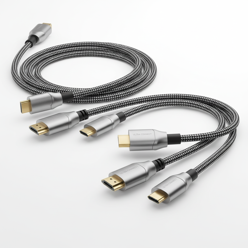 A visually appealing composition of several premium HDMI cables with different connector types including Mini and Micro HDMI, arranged neatly on a clean white surface with soft shadows.