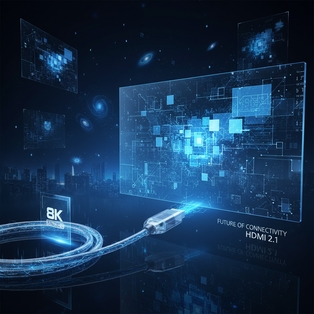 A high-tech concept image representing 8K Ultra HD data transmission through an HDMI cable, with glowing blue light trails flowing through the cable toward a screen, futuristic digital art style.