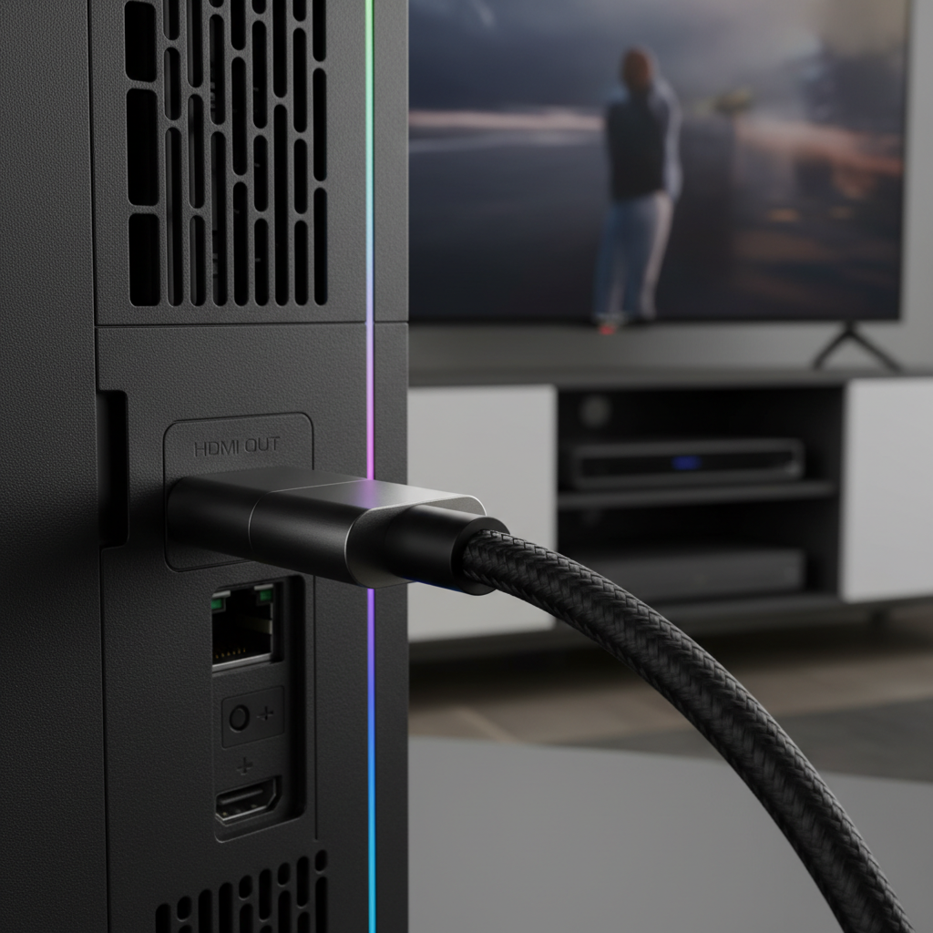 The back of a powerful gaming console showing a high-performance HDMI cable connected to the output port, with subtle RGB lighting from the console reflecting on the metallic connector, sharp focus.