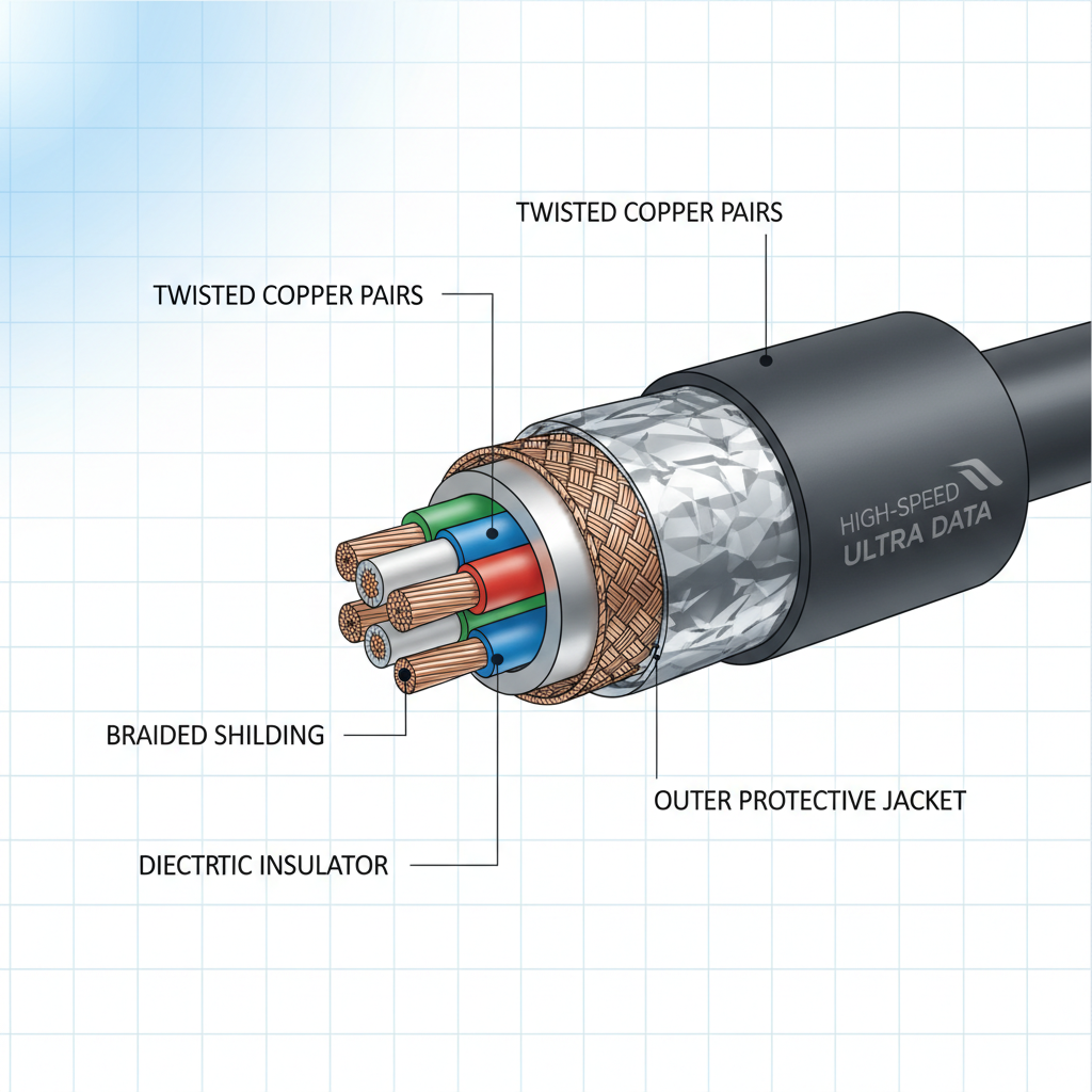 A detailed cross-section illustration of a high-speed HDMI cable revealing the internal copper wire pairs, aluminum foil shielding, and the outer protective jacket, clean technical diagram style.